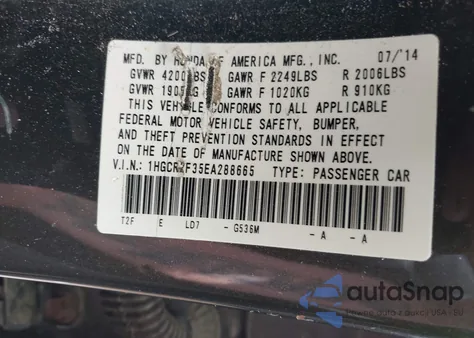 2014 Honda Accord Lx из США, поврежденный, VIN 1HGCR2F35EA288665